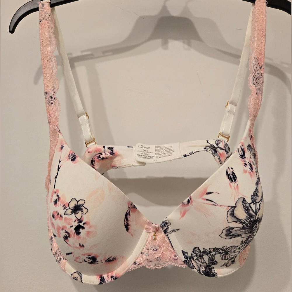 Soma Embraceable Floral Lace Trim Bra - Pink and White